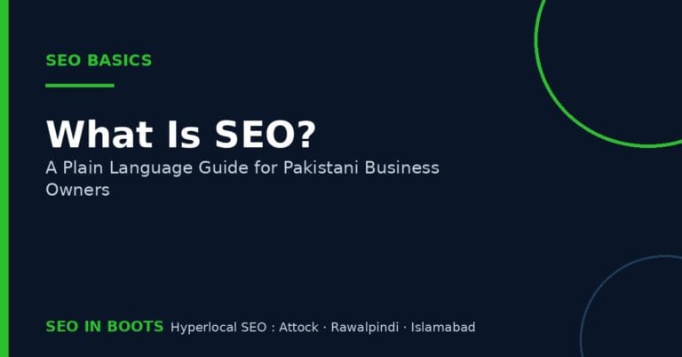 What is SEO plain language guide for Pakistani business owners, SEO In Boots branded graphic